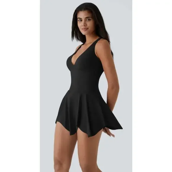 Halara Deep V Neck Racerback 2-in-1 Side Pocket Flare Mini Casual Dress - Picture 3 of 12